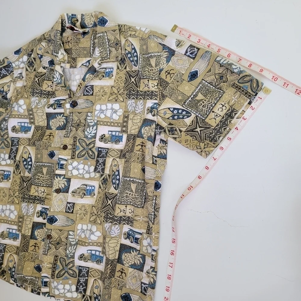 VTG Mens L Brown Tribal Geometric Surfboard Van Pineapple Aloha Camp Shirt Beach